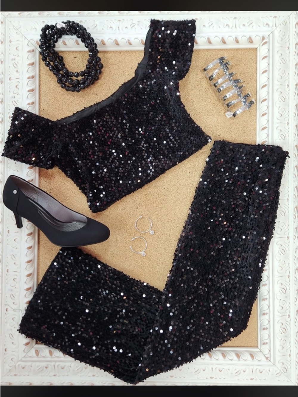 Olivaceous Black Sequin 2 piece Set Crop Top Pants Party Club Outfit Small